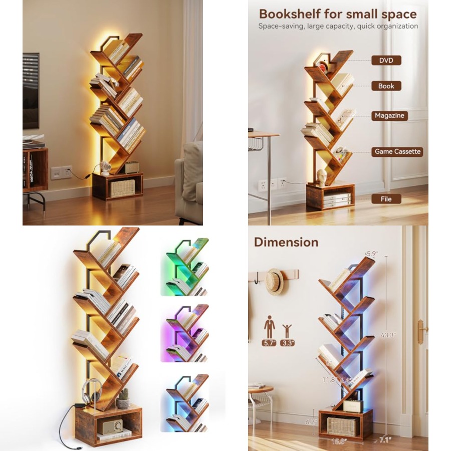 Lighting Tree Decor - Tree Bookshelf with LED Lights, Narrow