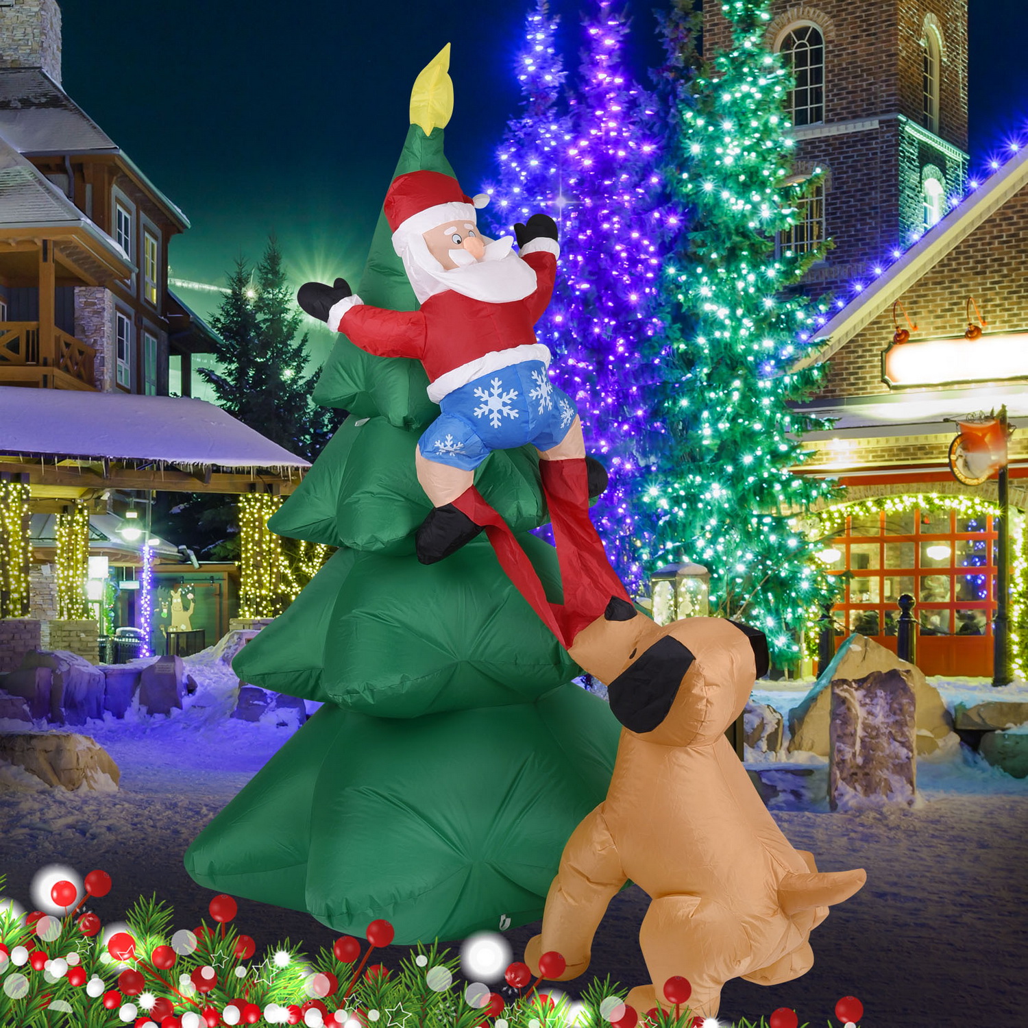 Lighting Tree Decor - Christmas Inflatable Dog w/Santa Claus Climbing